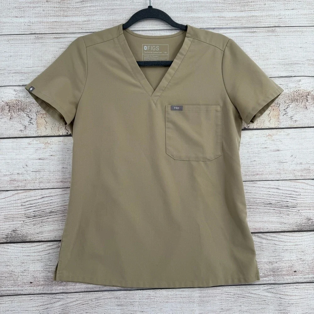 FIGS Catarina Scrub Top Women XS Tan FW1000 Technical Collection V-Neck Pocket - Picture 1 of 6